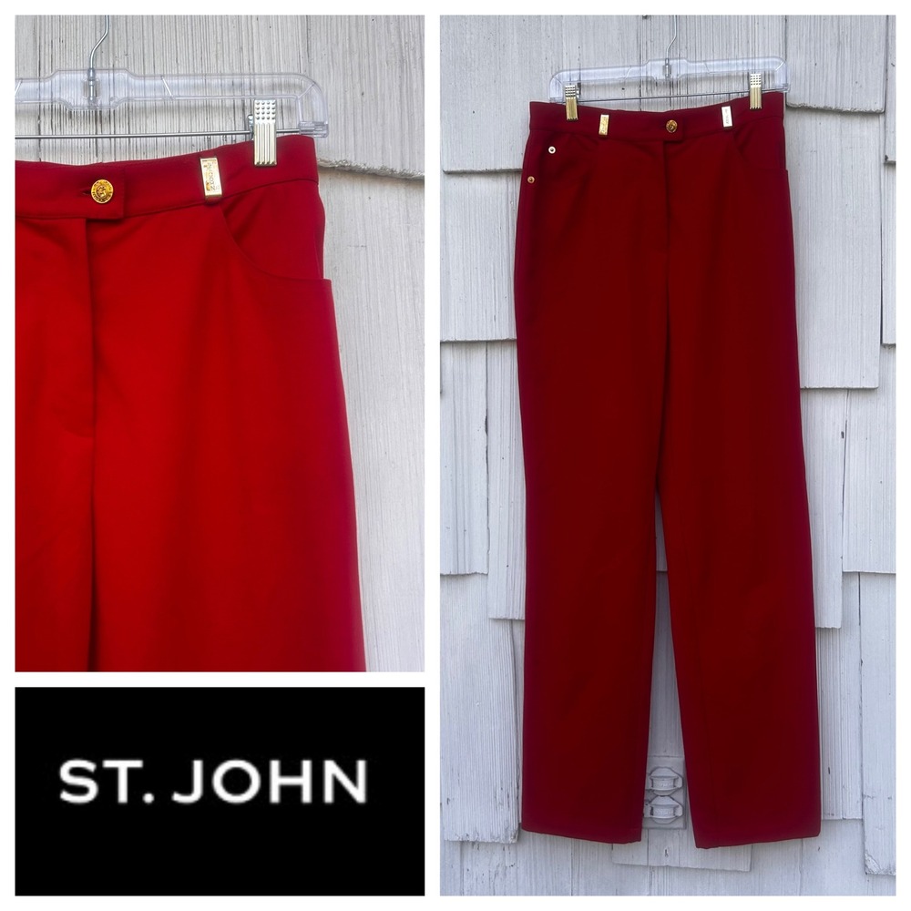 St John Red Stretch Straight Leg Pants Gold Logo Hardware High‎ Rise Womens